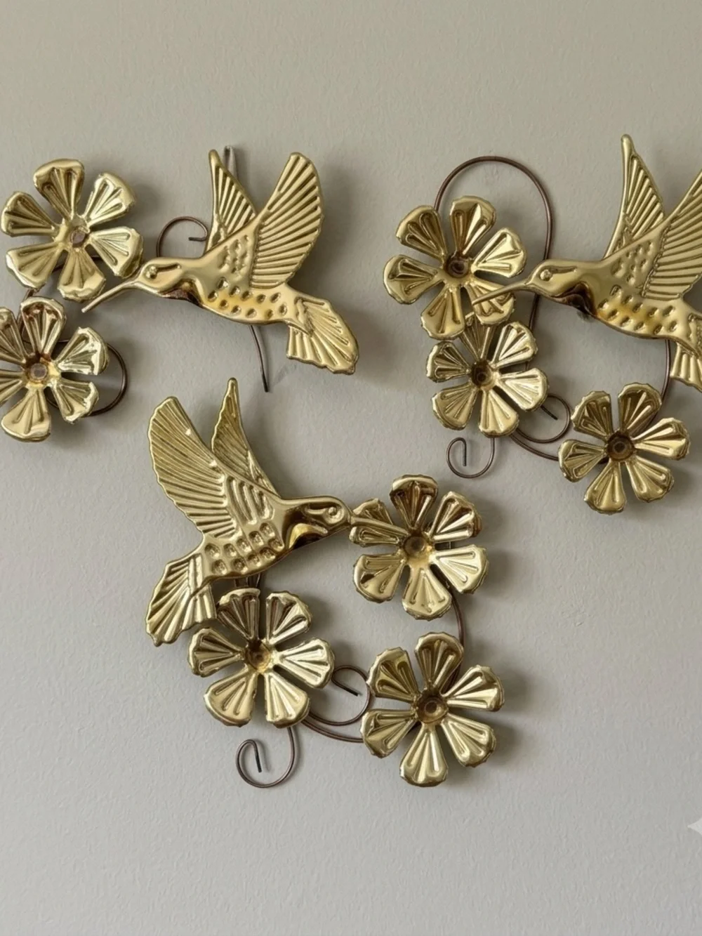 Vintage Homco Brass Hummingbird Metal Wall Art Set 3 Flower Plaques Decor